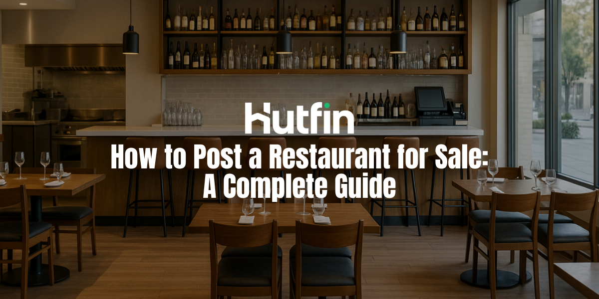A modern, well-lit restaurant interior featuring neatly arranged wooden tables, bar seating, and a wall of bottles behind the counter, with the Hutfin logo and blog title displayed over the scene.