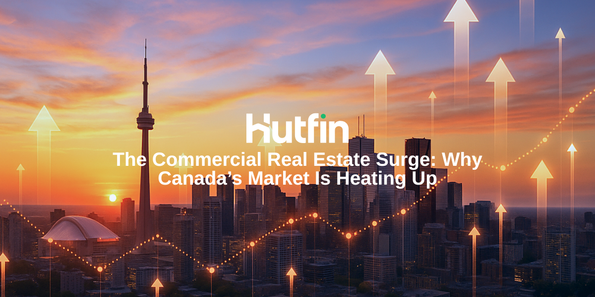 Toronto skyline at sunset with financial growth arrows rising, symbolizing Canada’s surging commercial real estate market.