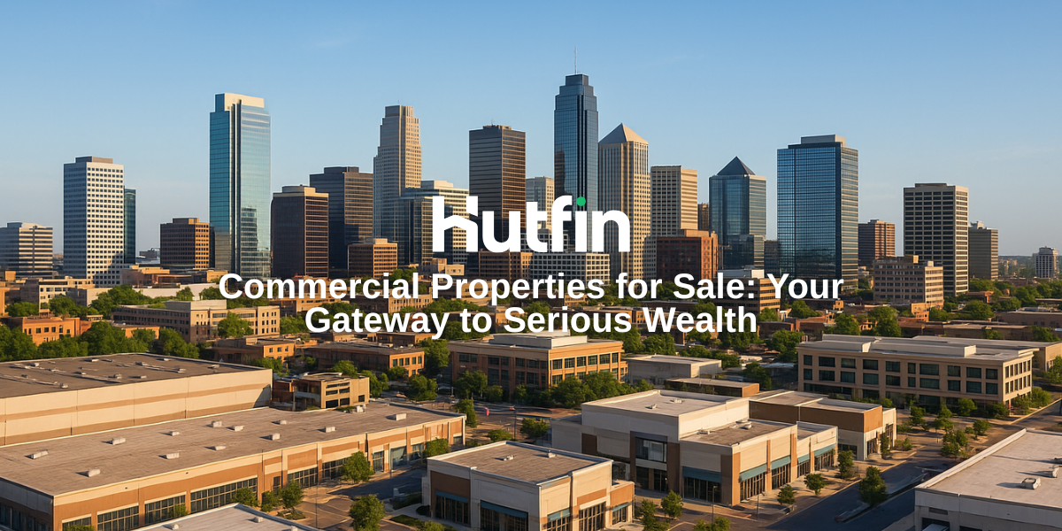 Wide-angle city skyline with modern office towers, retail centers, and industrial buildings in the foreground, representing the scale and wealth potential of commercial real estate.